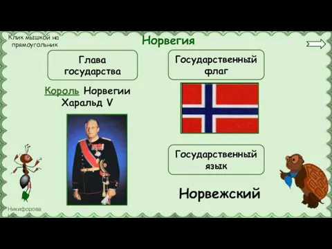 Норвегия Король Норвегии Харальд V Глава государства Государственный флаг Государственный язык Норвежский Клик мышкой на прямоугольник