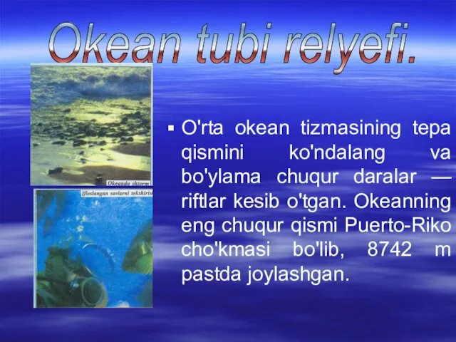 O'rta okean tizmasining tepa qismini ko'ndalang va bo'ylama chuqur daralar — riftlar kesib