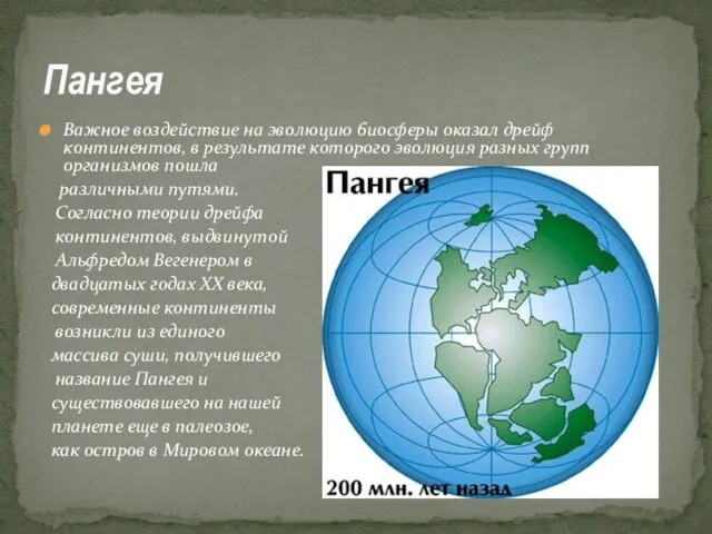 Важное воздействие на эволюцию биосферы оказал дрейф континентов, в результате