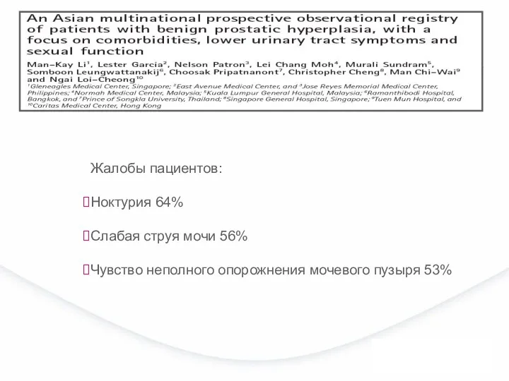 Жалобы пациентов: Ноктурия 64% Слабая струя мочи 56% Чувство неполного опорожнения мочевого пузыря 53%