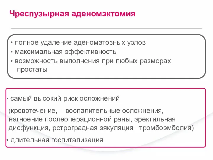 Чреспузырная аденомэктомия полное удаление аденоматозных узлов максимальная эффективность возможность выполнения