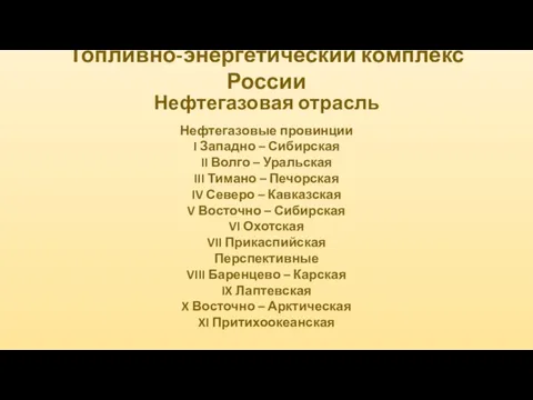 Топливно-энергетический комплекс России Нефтегазовая отрасль Нефтегазовые провинции I Западно –