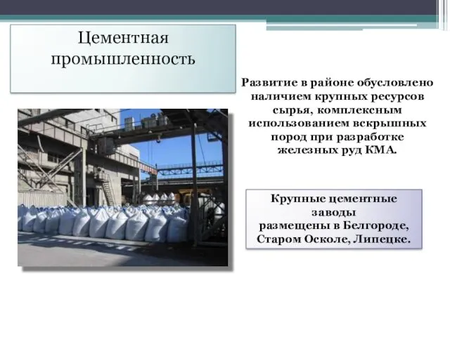 Цементная промышленность Развитие в районе обусловлено наличием крупных ресурсов сырья,