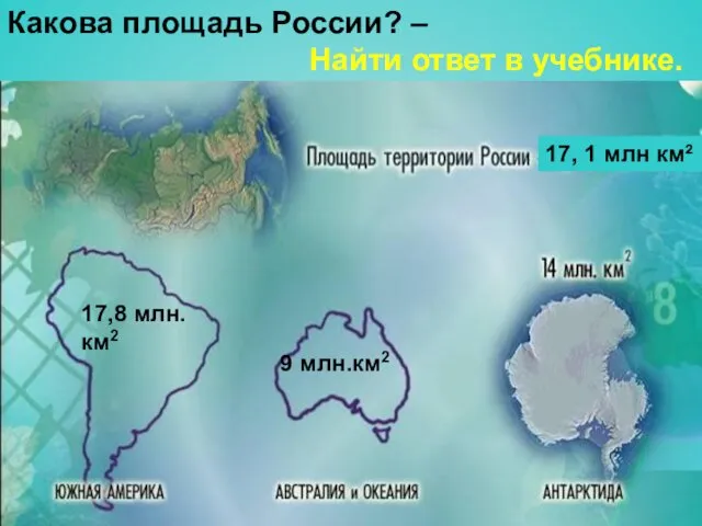 9 млн.км2 17,8 млн. км2 Какова площадь России? – Найти