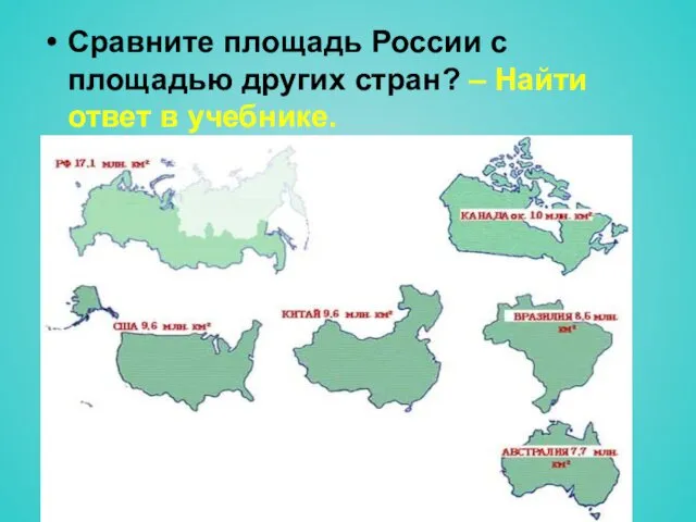 Сравните площадь России с площадью других стран? – Найти ответ в учебнике.