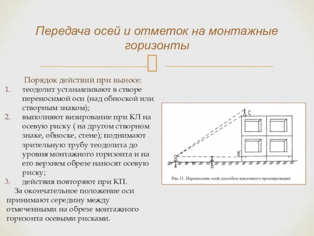 Порядок действий при выносе: теодолит устанавливают в створе переносимой оси (над обноской или