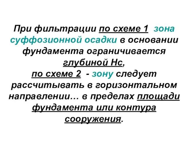 При фильтрации по схеме 1 зона суффозионной осадки в основании