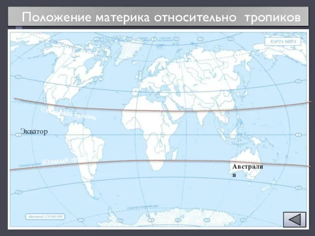 Северный тропик Южный тропик Положение материка относительно тропиков Австралия Экватор