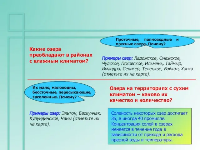 Какие озера преобладают в районах с влажным климатом? Проточные, полноводные