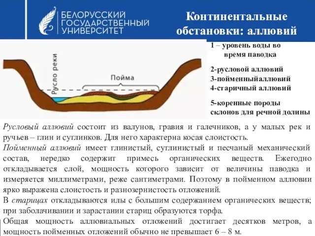 Континентальные обстановки: аллювий Русловый аллювий состоит из валунов, гравия и