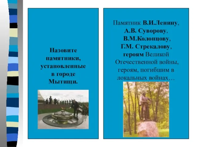 Назовите памятники, установленные в городе Мытищи. Памятник В.И.Ленину, А.В. Суворову,