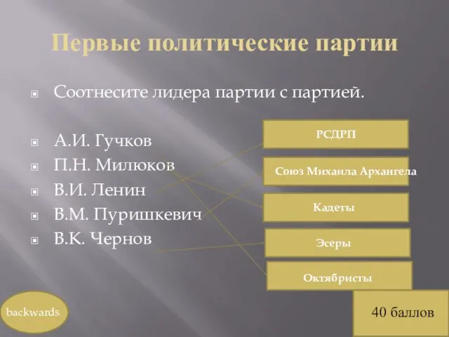 Первые политические партии Соотнесите лидера партии с партией. А.И. Гучков