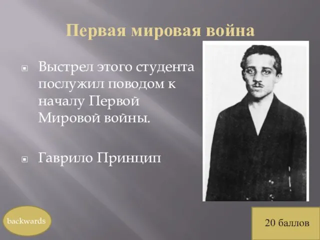 Первая мировая война Выстрел этого студента послужил поводом к началу