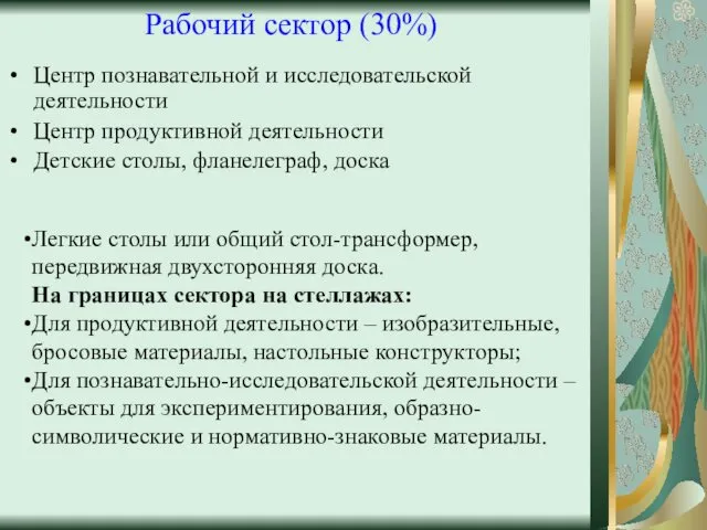 Рабочий сектор (30%) Центр познавательной и исследовательской деятельности Центр продуктивной