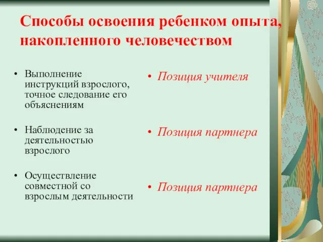 Способы освоения ребенком опыта, накопленного человечеством Выполнение инструкций взрослого, точное