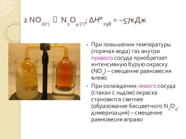 2 NO2(г) ⮀ N2O4 (г); ΔH°298 = −57кДж При повышении