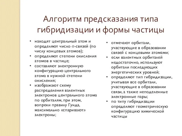 Алгоритм предсказания типа гибридизации и формы частицы находят центральный атом