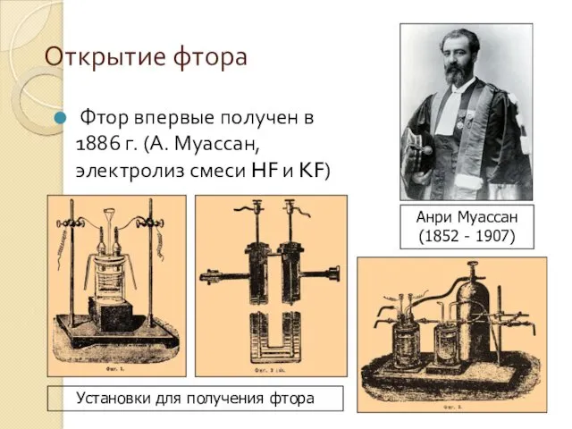 Открытие фтора Фтор впервые получен в 1886 г. (А. Муассан, электролиз смеси HF и KF)