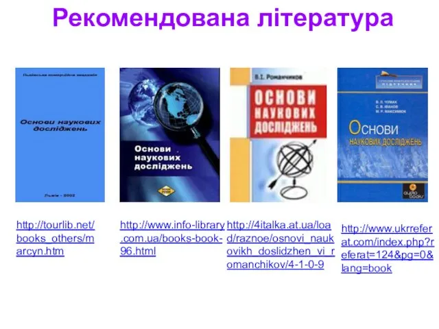 http://tourlib.net/books_others/marcyn.htm http://www.info-library.com.ua/books-book-96.html http://4italka.at.ua/load/raznoe/osnovi_naukovikh_doslidzhen_vi_romanchikov/4-1-0-9 http://www.ukrreferat.com/index.php?referat=124&pg=0&lang=book Рекомендована література