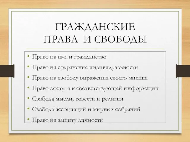 ГРАЖДАНСКИЕ ПРАВА И СВОБОДЫ Право на имя и гражданство Право на сохранение индивидуальности