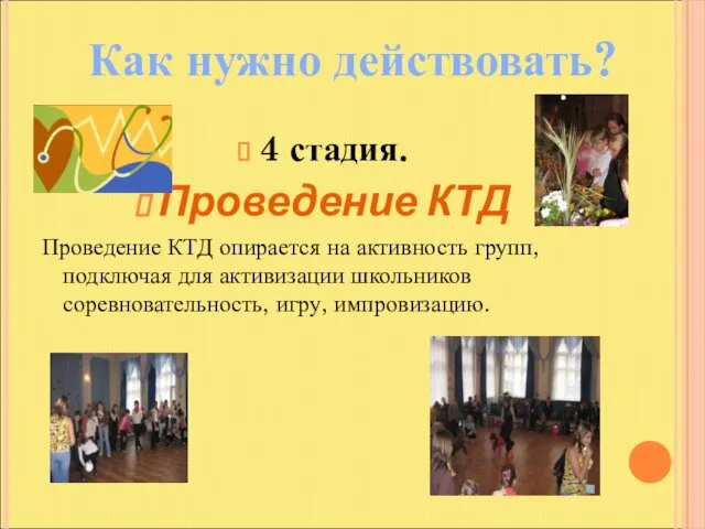 4 стадия. Проведение КТД Проведение КТД опирается на активность групп,