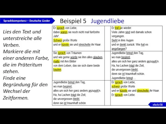 Beispiel 5 Jugendliebe Sprachkompetenz – Deutsche Lieder Lies den Text