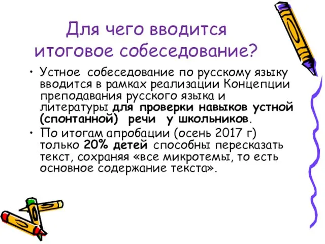 Для чего вводится итоговое собеседование? Устное собеседование по русскому языку