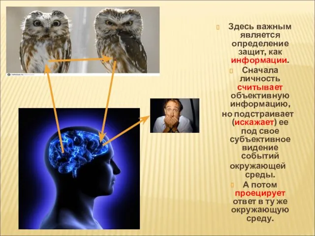 Здесь важным является определение защит, как информации. Сначала личность считывает