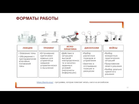 ФОРМАТЫ РАБОТЫ ТРЕНИНГ ЛЕКЦИЯ ДИСКУССИИ ИГРО-ПРАКТИКА КЕЙСЫ Оттачивание критически важных