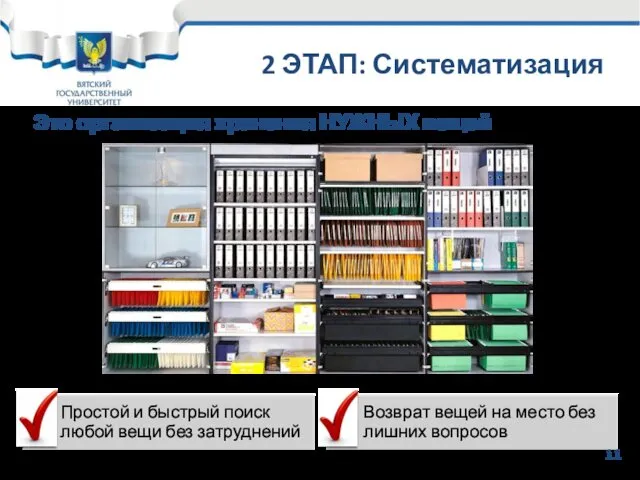 2 ЭТАП: Систематизация Это организация хранения НУЖНЫХ вещей 11