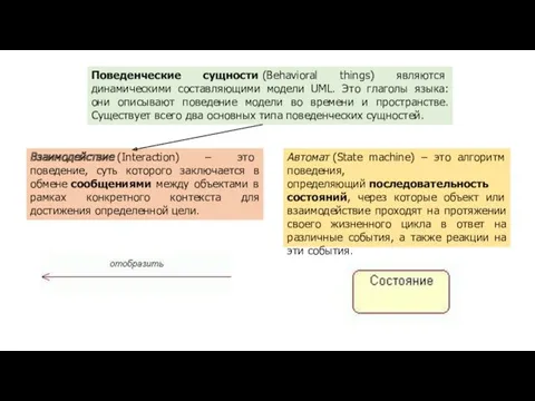 Поведенческие сущности (Behavioral things) являются динамическими составляющими модели UML. Это