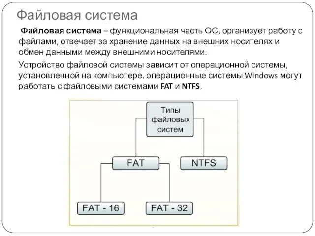 Файловая система Файловая система – функциональная часть ОС, организует работу