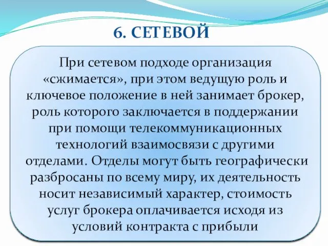 6. СЕТЕВОЙ ПОДХОД При сетевом подходе организация «сжимается», при этом ведущую роль и