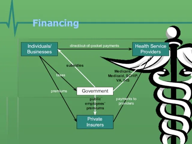 Financing Individuals/ Businesses Government Health Service Providers Private Insurers premiums