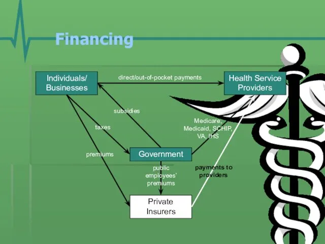 Financing Individuals/ Businesses Government Health Service Providers Private Insurers premiums