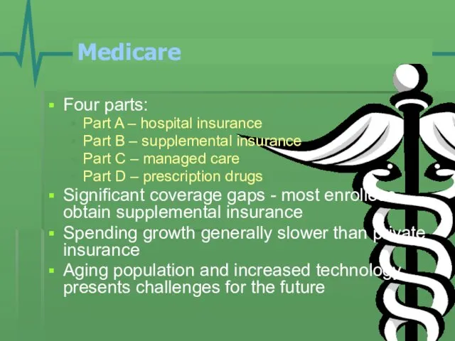 Medicare Four parts: Part A – hospital insurance Part B