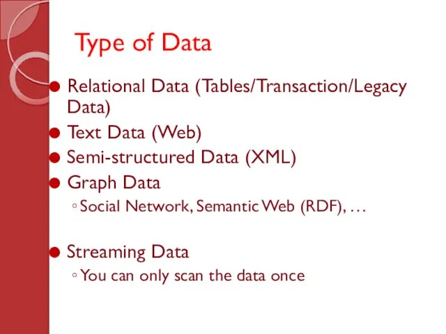 Type of Data Relational Data (Tables/Transaction/Legacy Data) Text Data (Web)