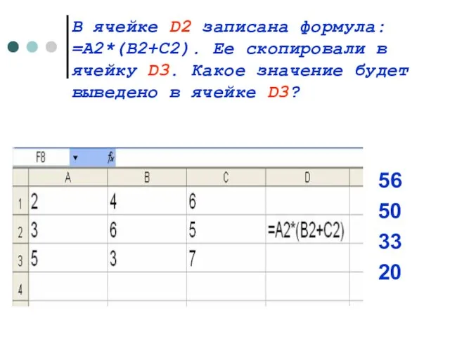 В ячейке D2 записана формула: =A2*(B2+C2). Ее скопировали в ячейку