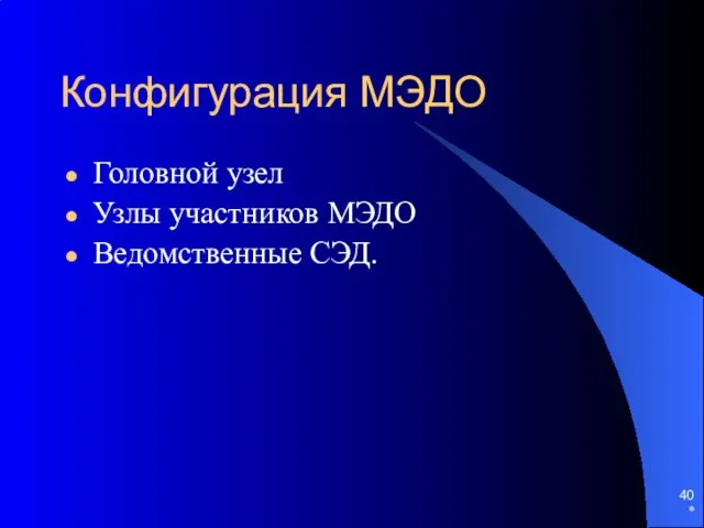 Конфигурация МЭДО Головной узел Узлы участников МЭДО Ведомственные СЭД. *