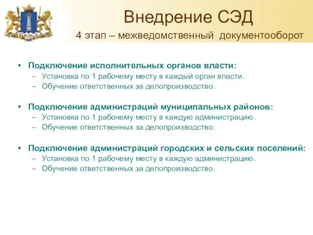 Внедрение СЭД 4 этап – межведомственный документооборот Подключение исполнительных органов