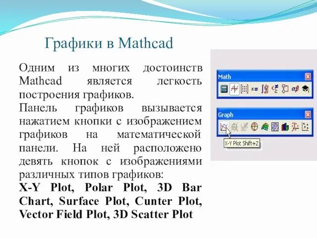 Графики в Mathcad Одним из многих достоинств Mathcad является легкость построения графиков. Панель