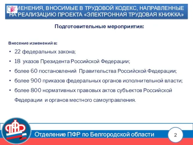 Отделение ПФР по Белгородской области Подготовительные мероприятия: Внесение изменений в: 22 федеральных закона;