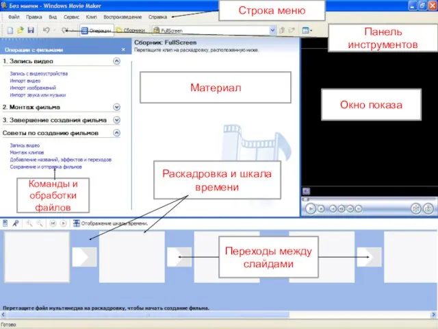 Команды и обработки файлов Раскадровка и шкала времени Переходы между слайдами Материал Окно