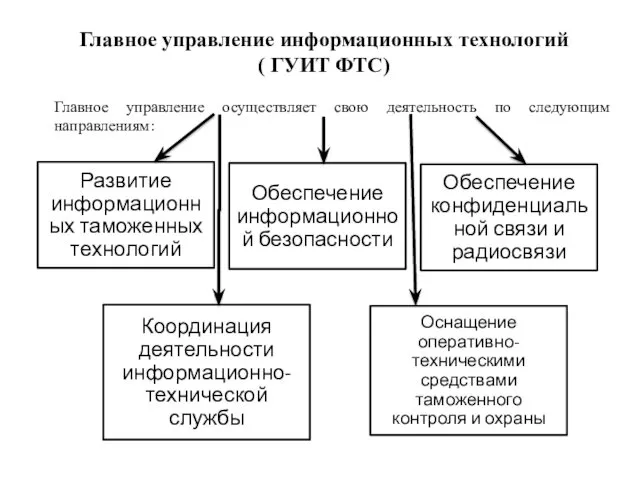 Главное управление информационных технологий ( ГУИТ ФТС) Главное управление осуществляет свою деятельность по следующим направлениям: