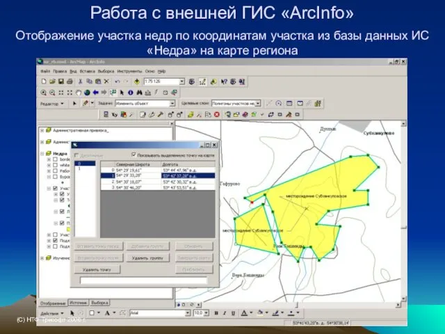 Работа с внешней ГИС «ArcInfo» Отображение участка недр по координатам