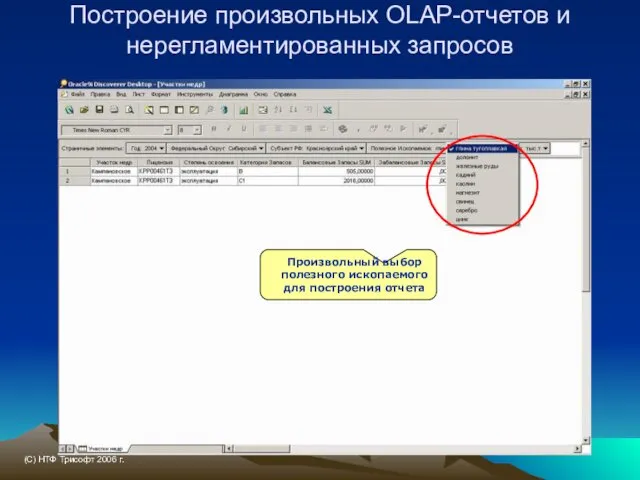 Построение произвольных OLAP-отчетов и нерегламентированных запросов Произвольный выбор полезного ископаемого