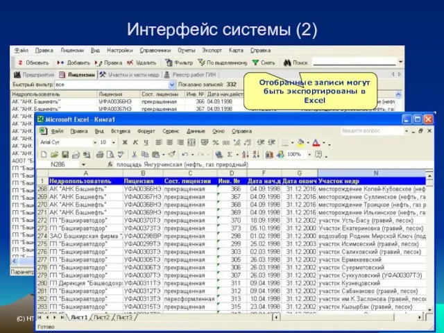 (С) НТФ Трисофт 2006 г. Отобранные записи могут быть экспортированы в Excel Интерфейс системы (2)