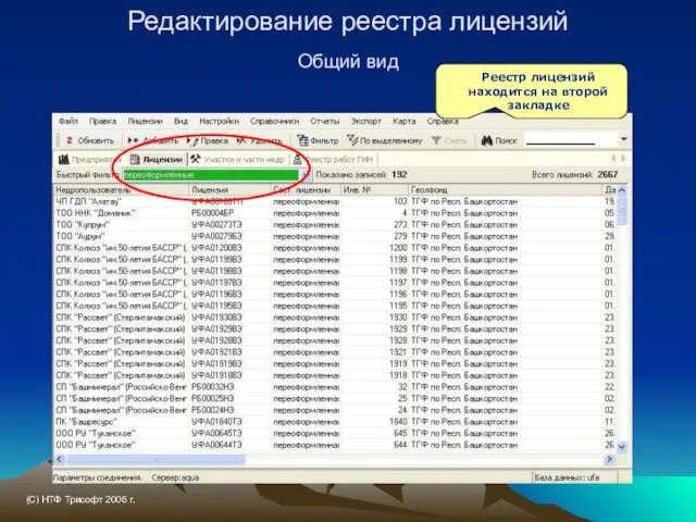 Редактирование реестра лицензий Общий вид Реестр лицензий находится на второй закладке (С) НТФ Трисофт 2006 г.