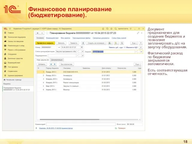 Финансовое планирование (бюджетирование). Документ предназначен для создания бюджетов и позволяет