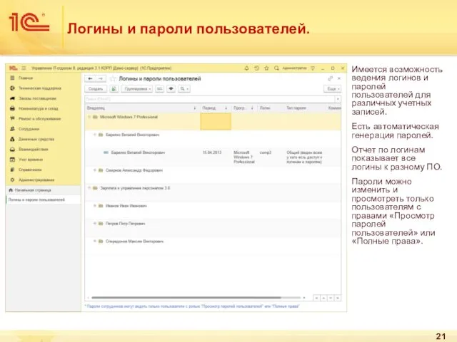 Логины и пароли пользователей. Имеется возможность ведения логинов и паролей